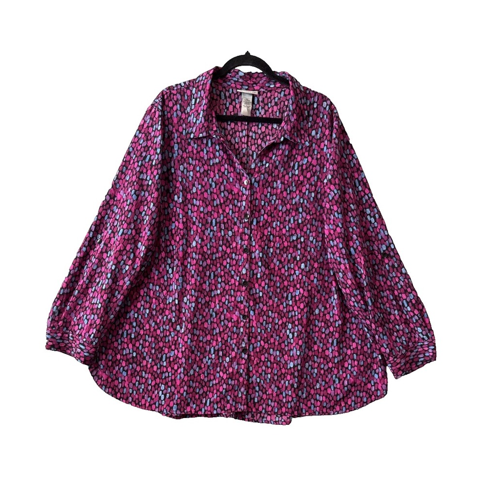 Catherines Button Up Roll Tab Sleeve Blouse 2X Pink Abstract Career Boho Art